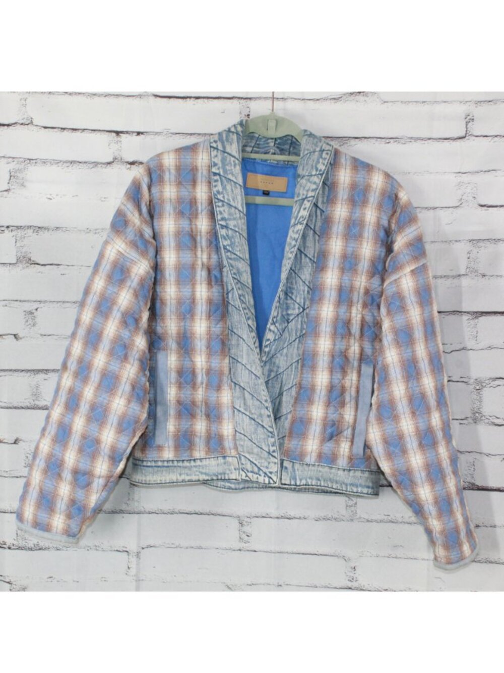 BlankNY Quilted Plaid Kimono Jacket Denim Trim Puffer Gorpcore Barn Coat Size M